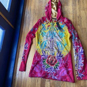 New W/Large Christian Audigier zip hoody, hot pink/yellow, gold satin lining